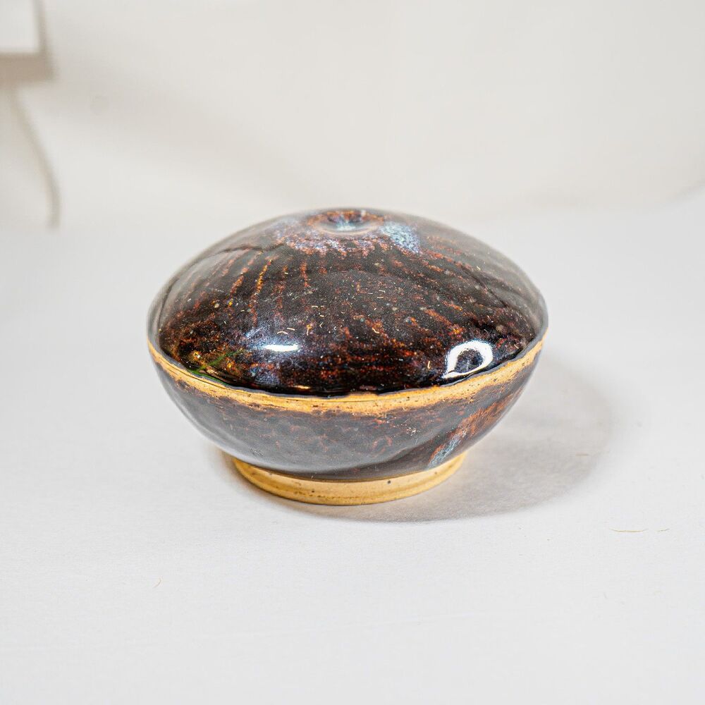 Round Pottery Box Brown Glaze Multicolored Spiral Divot Maker's Mark